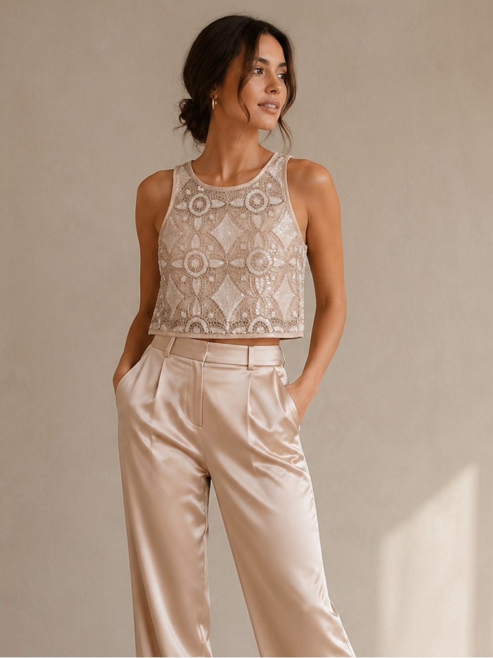 Express‎ Sequin Crop Top Women Size S Champagne Gold Metallic Lace Top